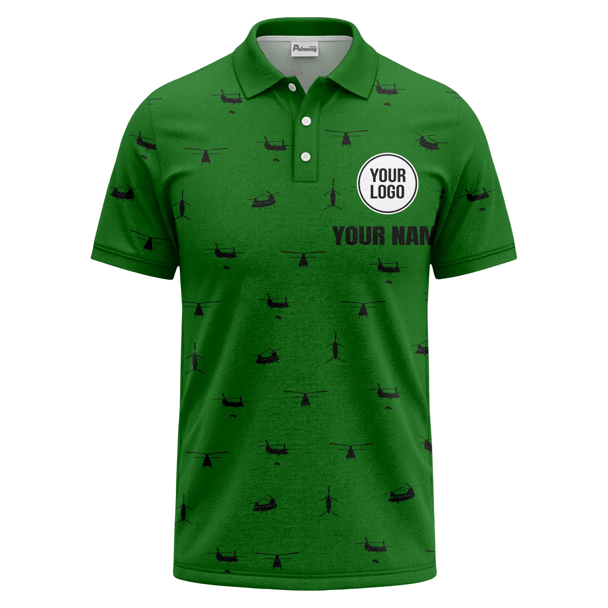 helicopter silhouette repeat pattern custom logo men's aviation polo shirt