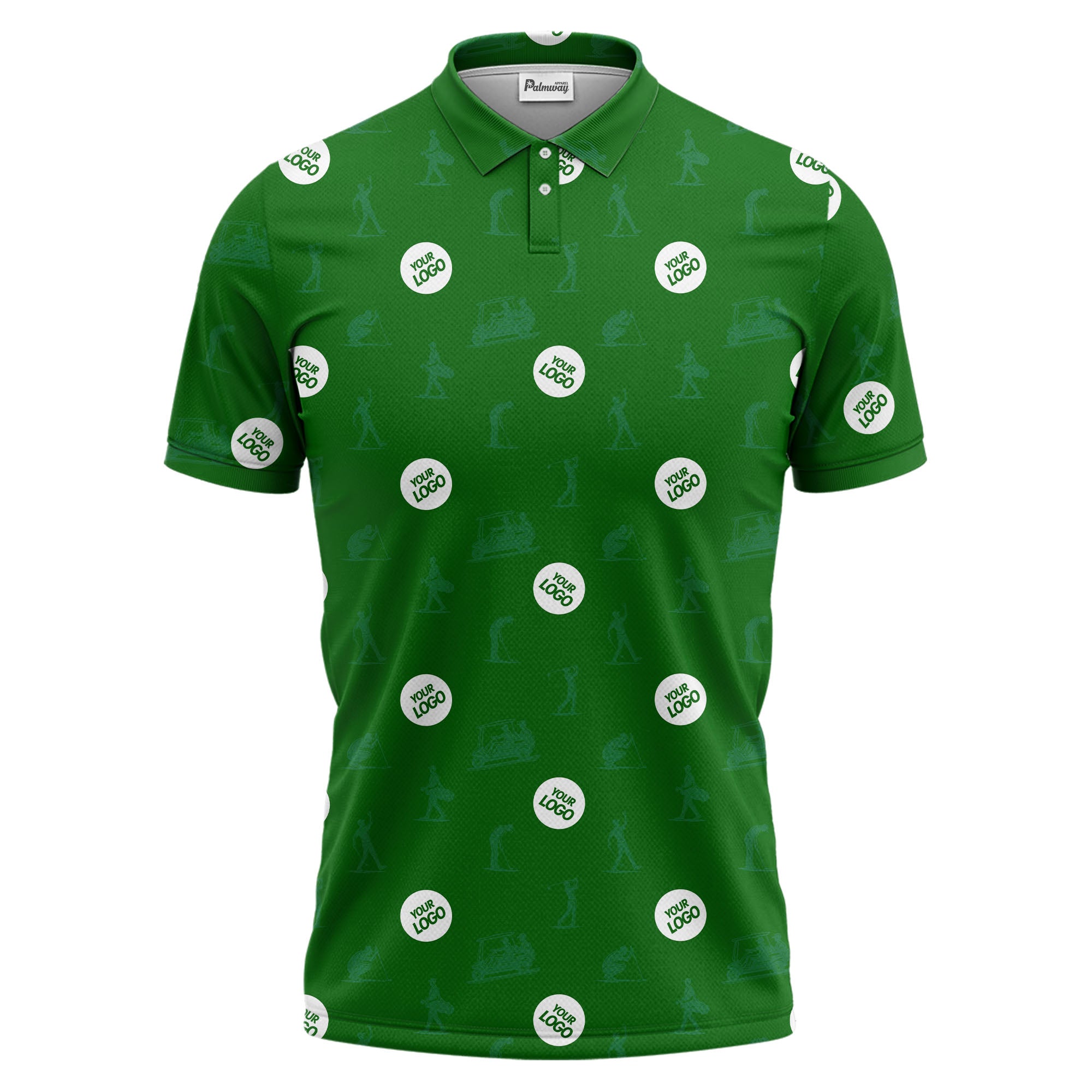 illustrated golfers golf carts repeating on green polo shirt for weekend fairway fun