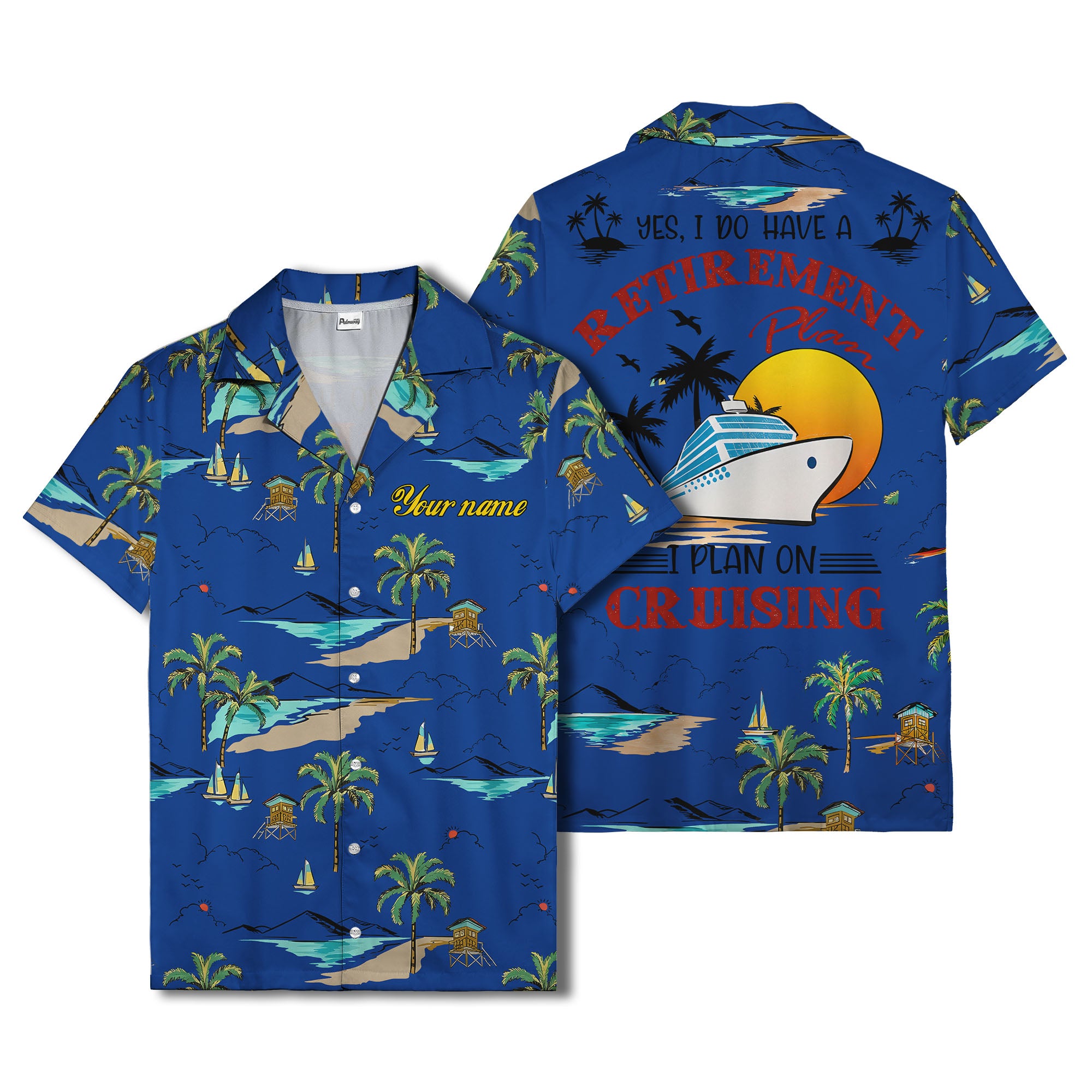 island paradise palm trees & sailboats sunset hawaiian shirt