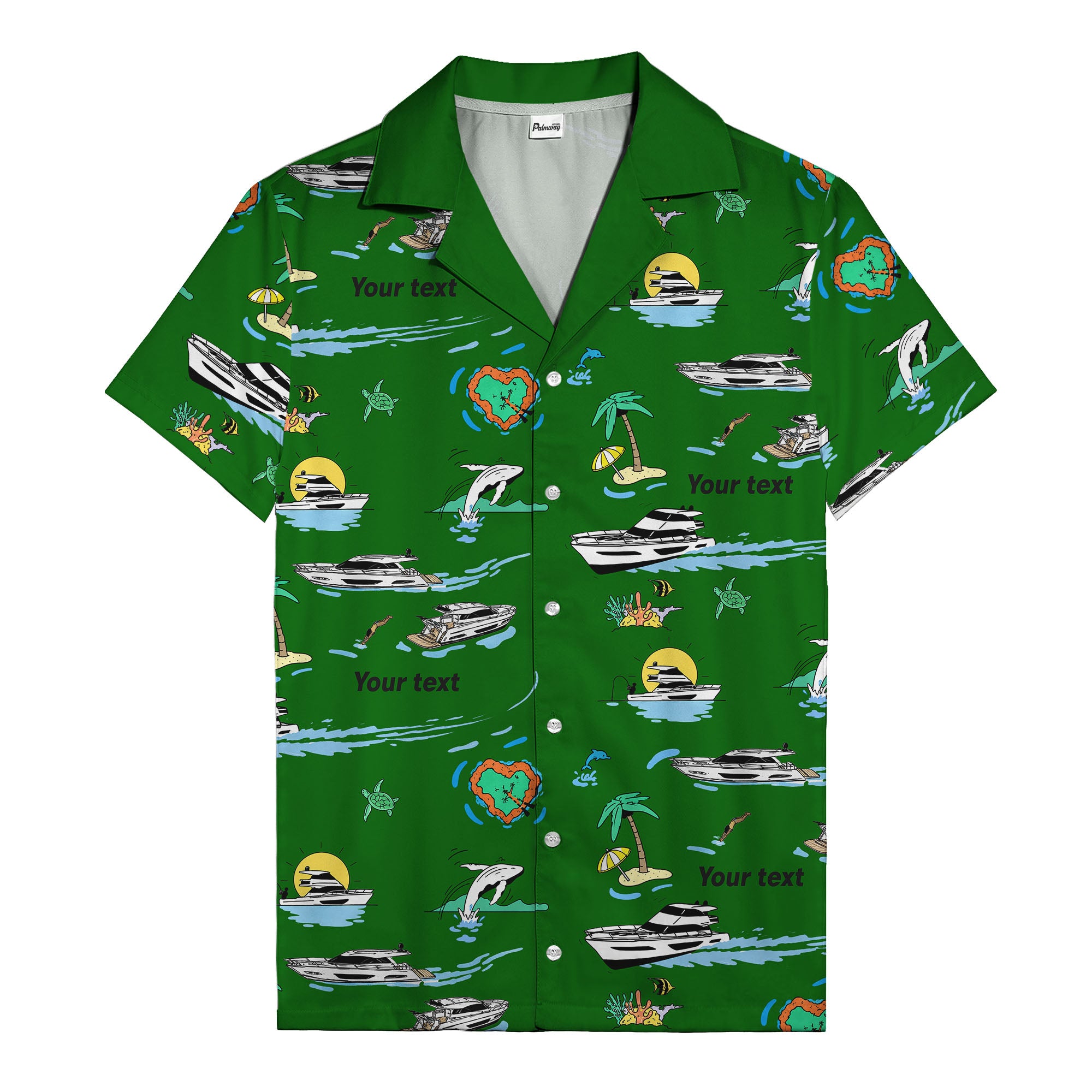 luxury yacht & heart-shaped island cartoon hawaiian shirt