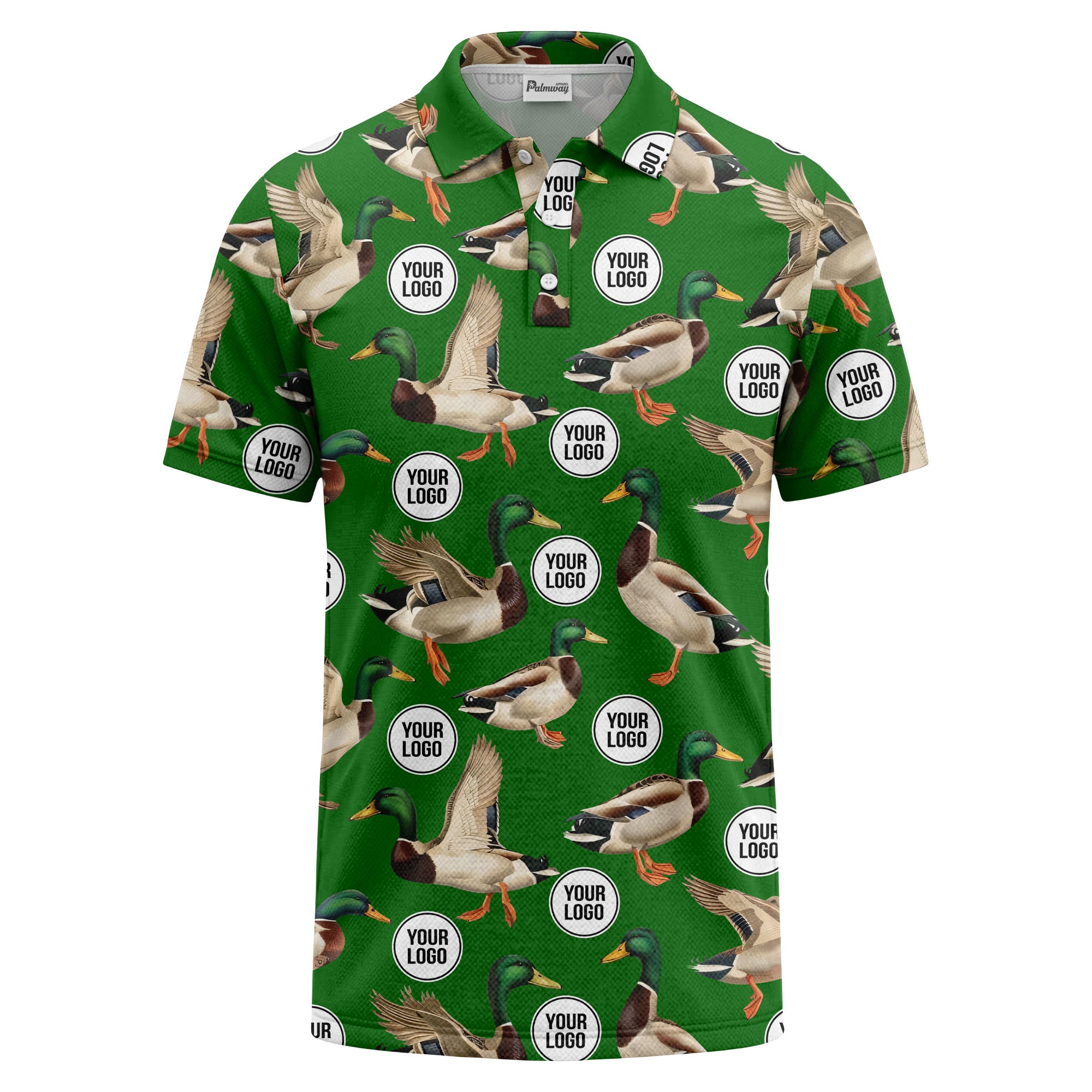 mallard duck flock & custom logo repeat photorealistic polo shirt