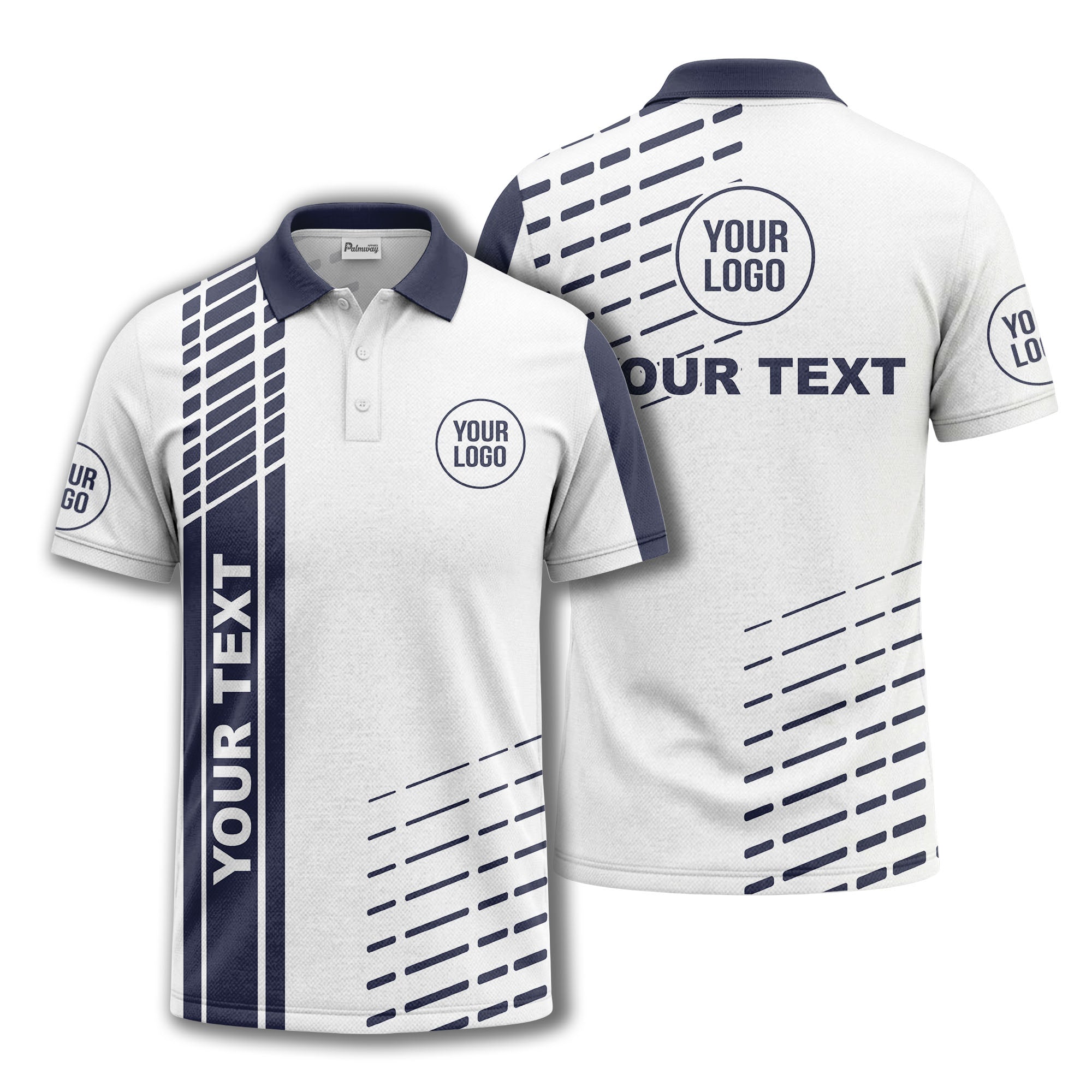 modern vertical stripe & dashed line graphic custom text logo polo shirt