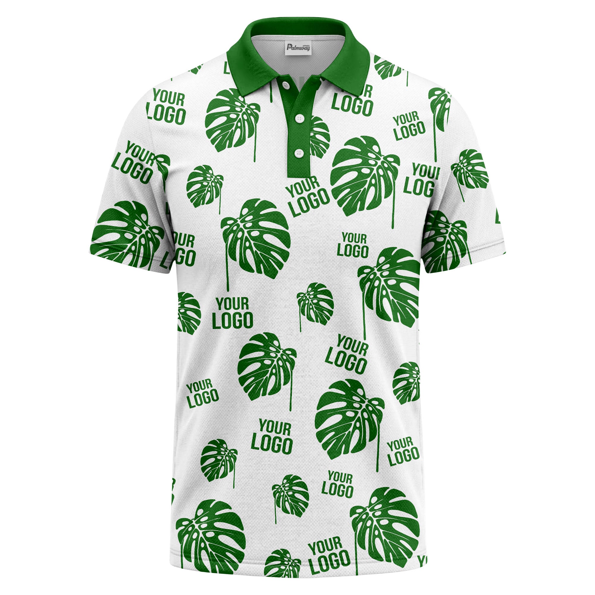 monstera leaves & custom logo repeat black white hawaiian polo shirt