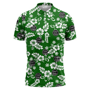 navy blue watercolor hibiscus & custom logo repeat pattern polo shirt