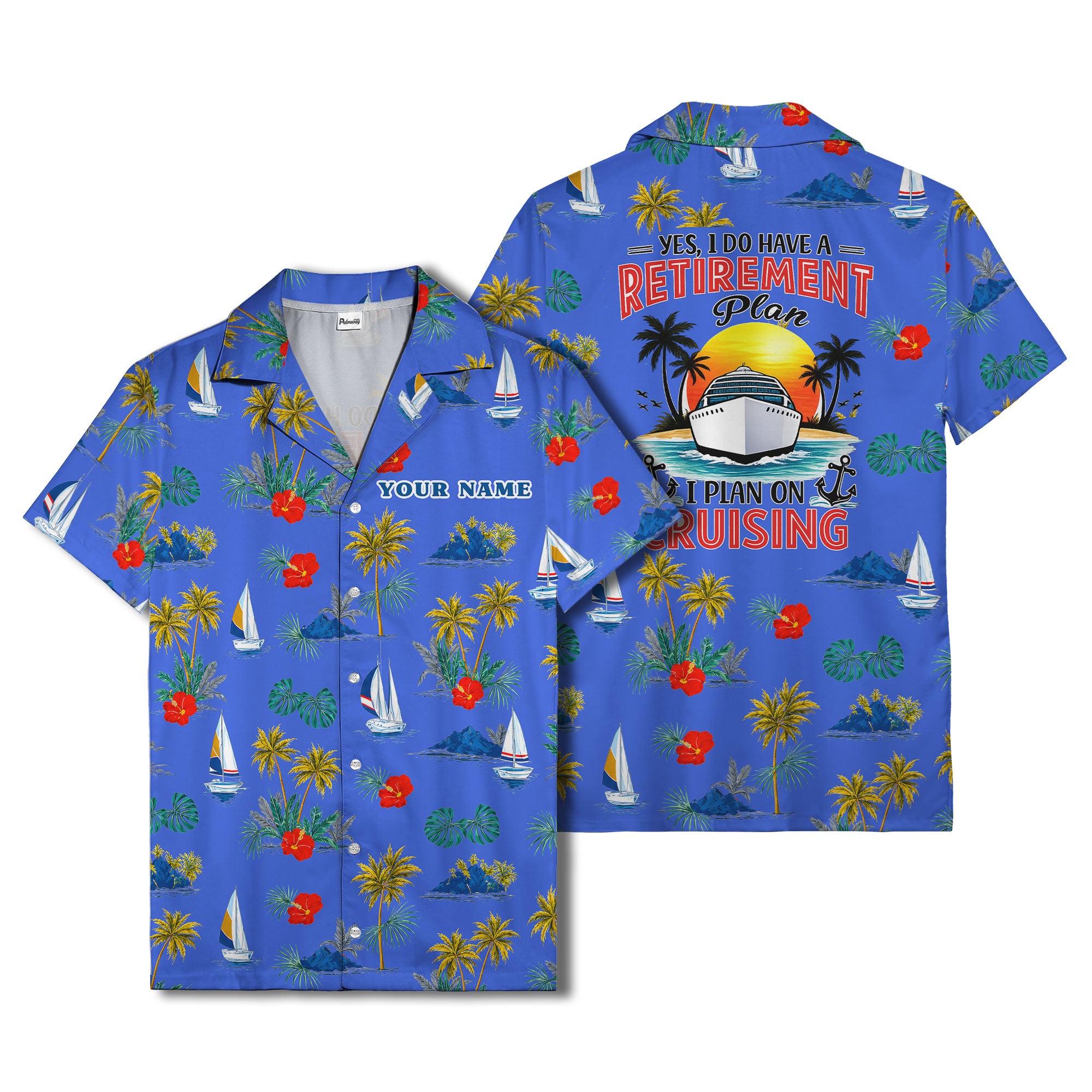 palm trees sailboats hibiscus island paradise hawaiian shirt