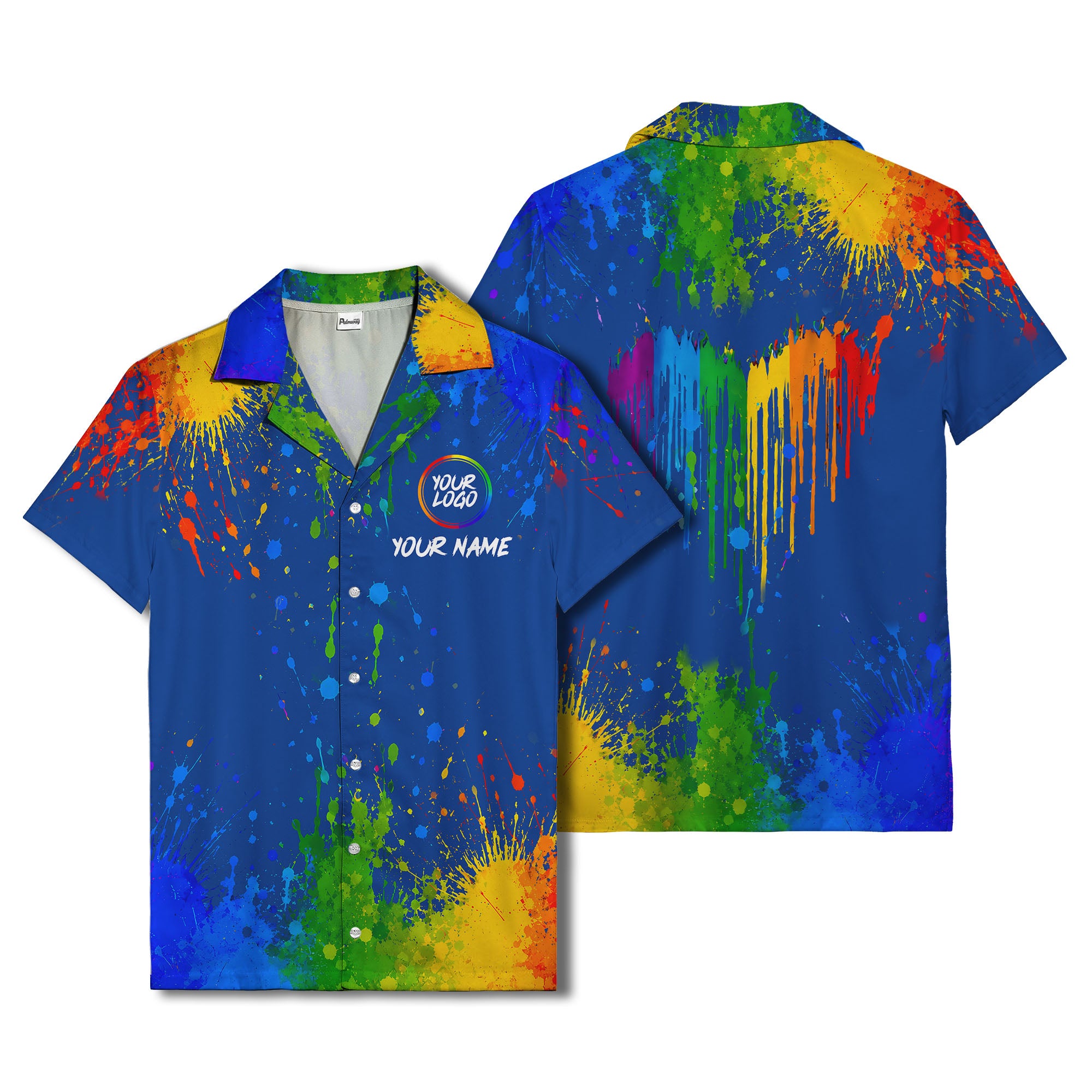 rainbow paint splatter abstract art hawaiian shirt with customizable name