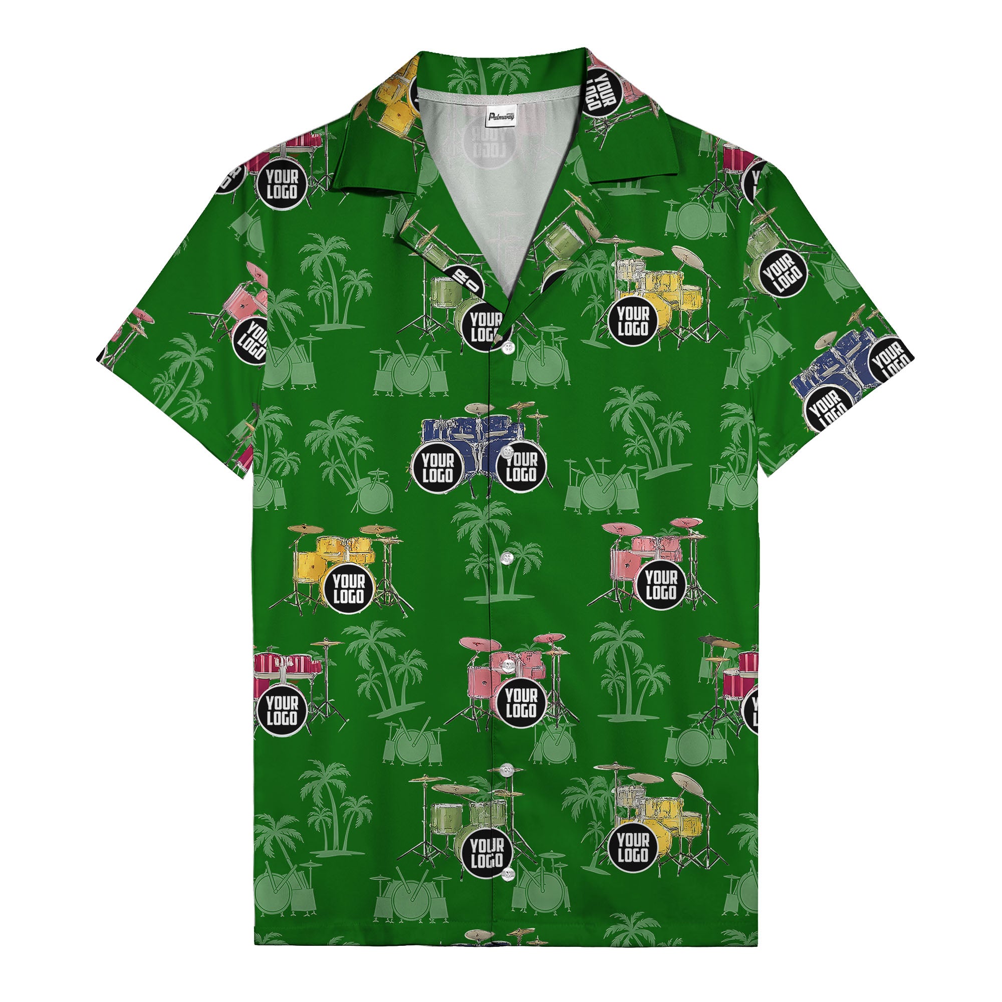 rockin' drum kits & palm trees repeat hawaiian shirt for musicians