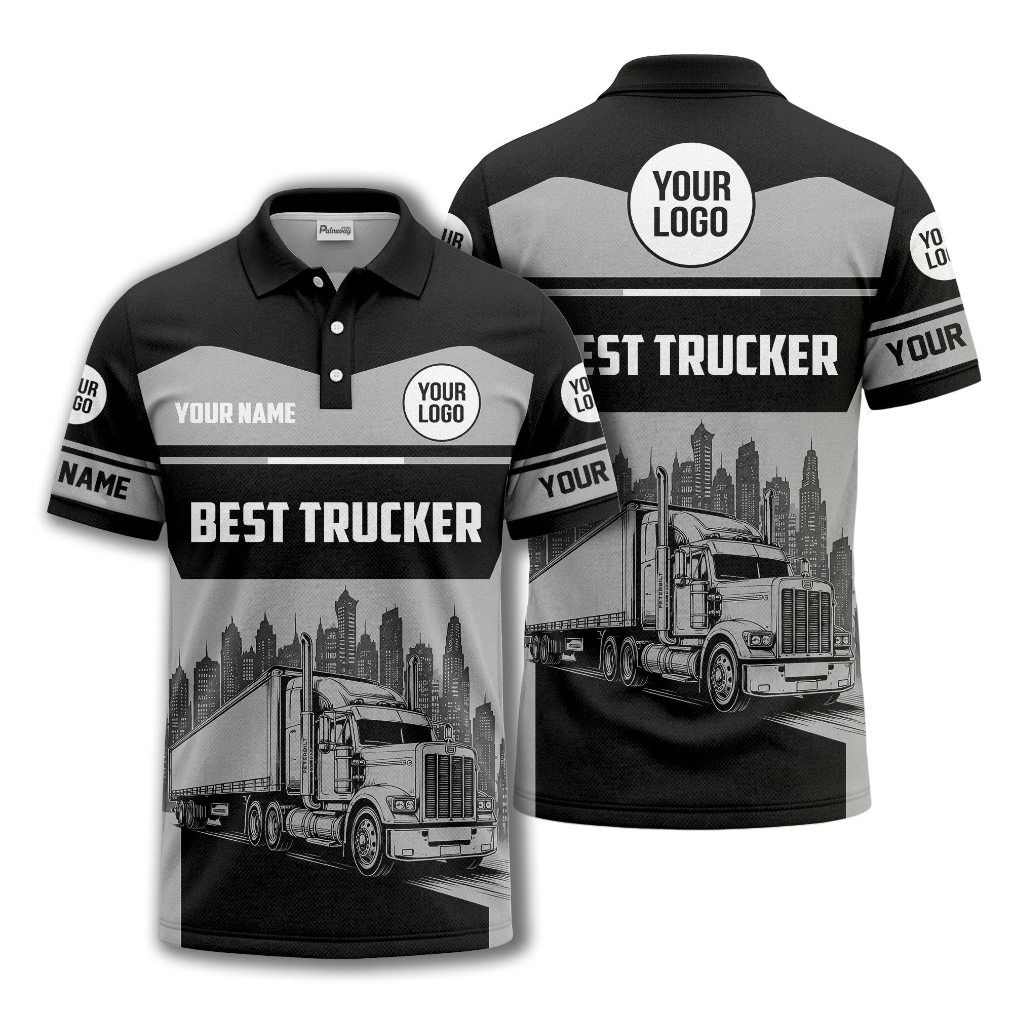 semi-truck cityscape graphic polo shirt for trucker pride
