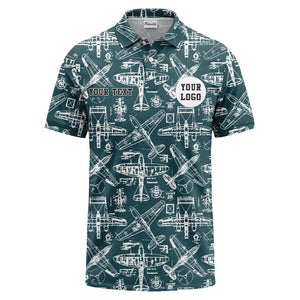 vintage airplane blueprint sketches propeller wings polo shirt for men