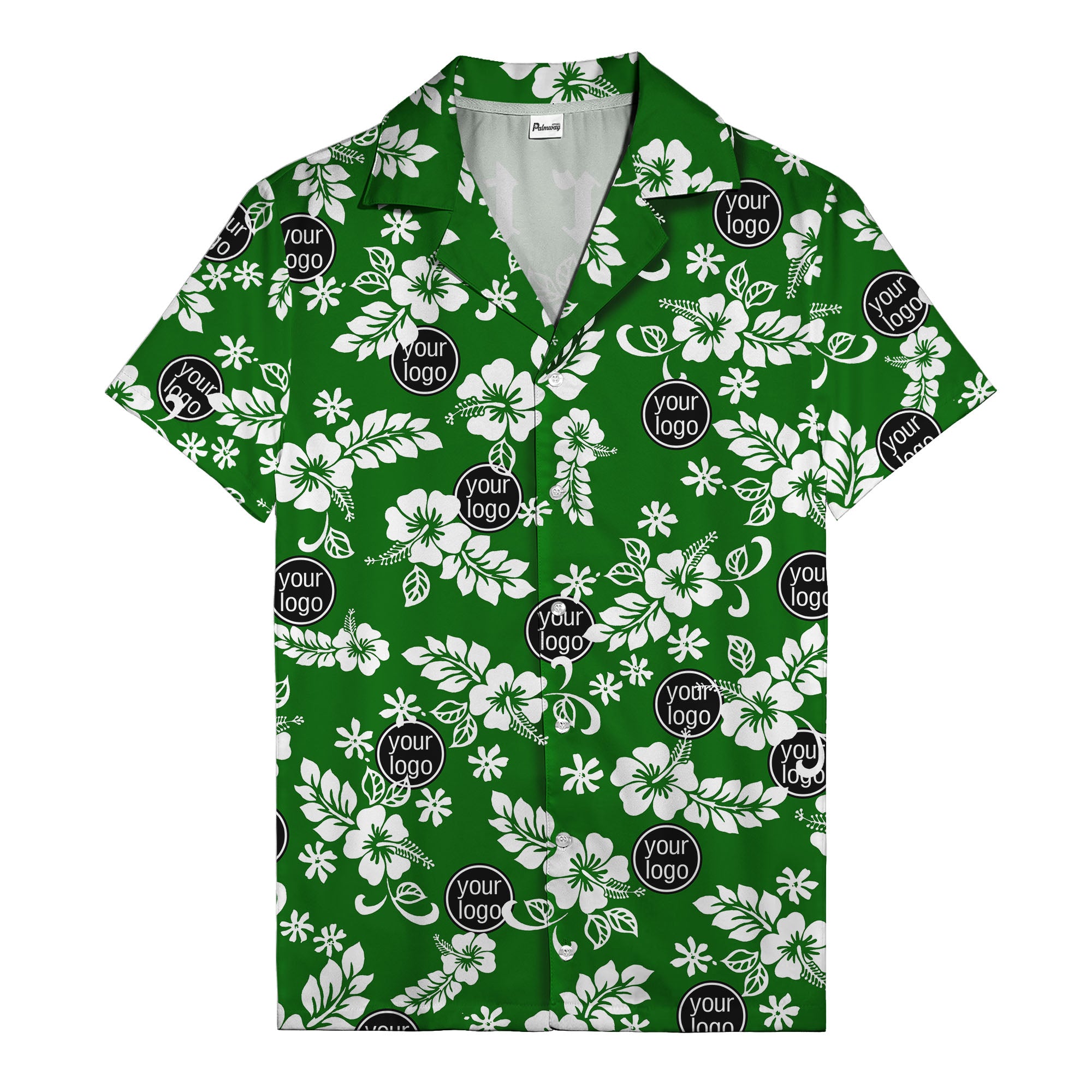 watercolor hibiscus blooms & custom logo navy blue hawaiian shirt