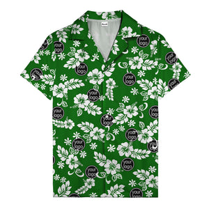 watercolor hibiscus blooms & custom logo navy blue hawaiian shirt