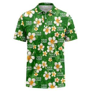 watercolor hibiscus & plumeria black aloha polo shirt for men