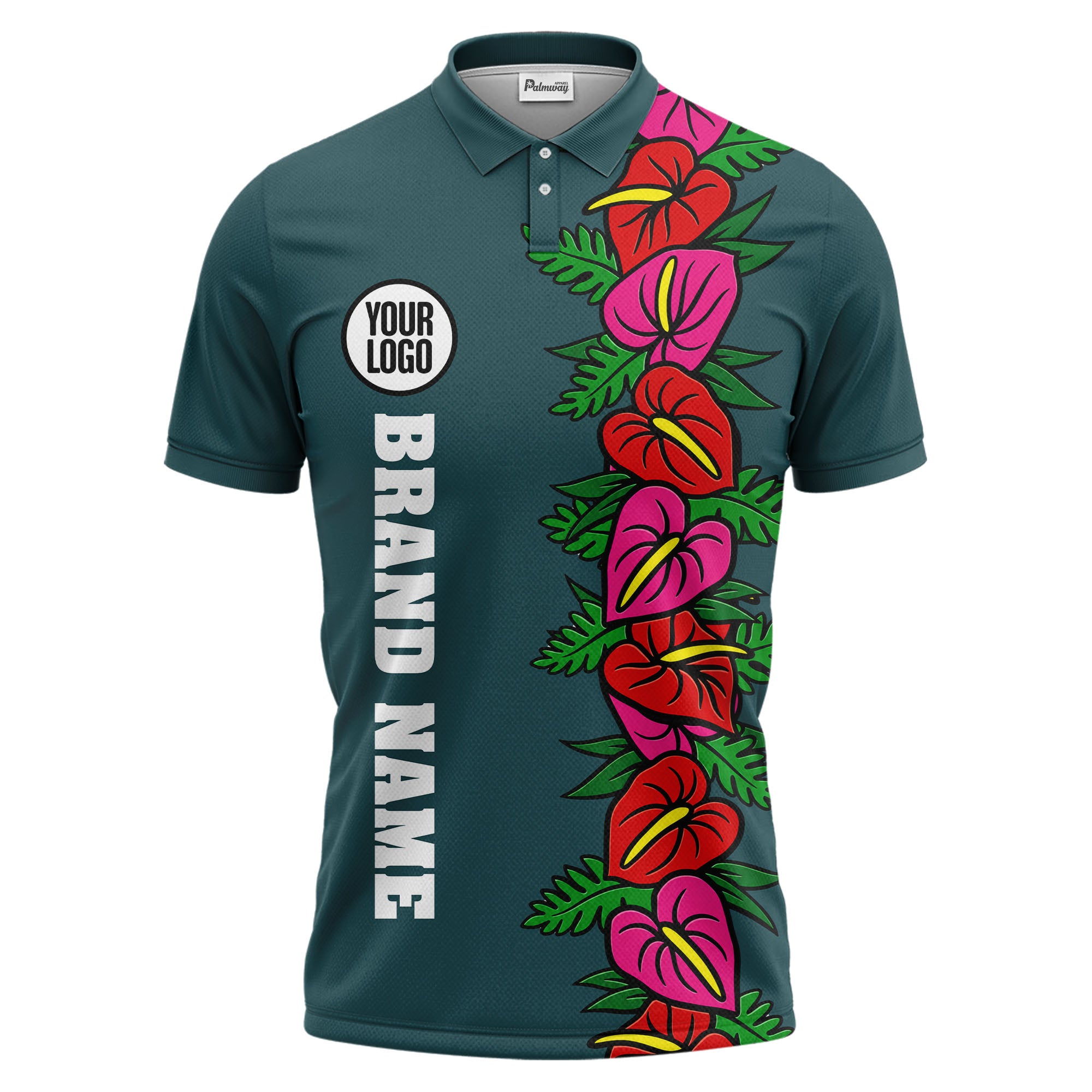 anthurium & emerald leaf stripe coral red polo shirt for men