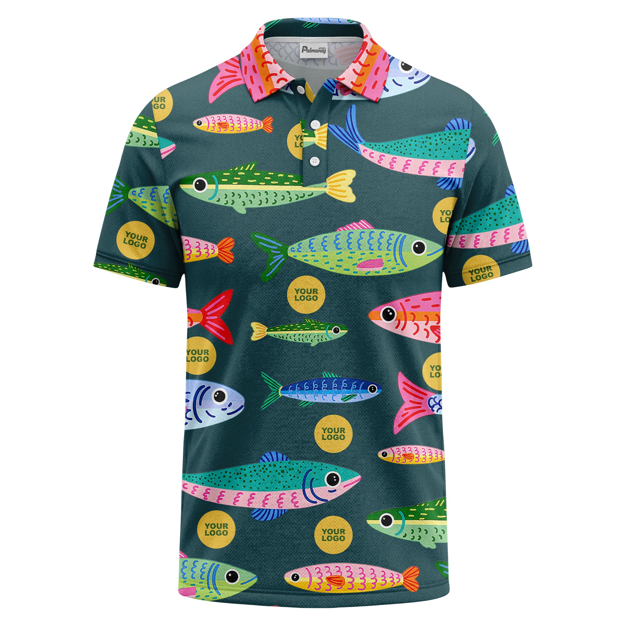 colorful cartoon fish & custom logo repeat all-over print polo shirt