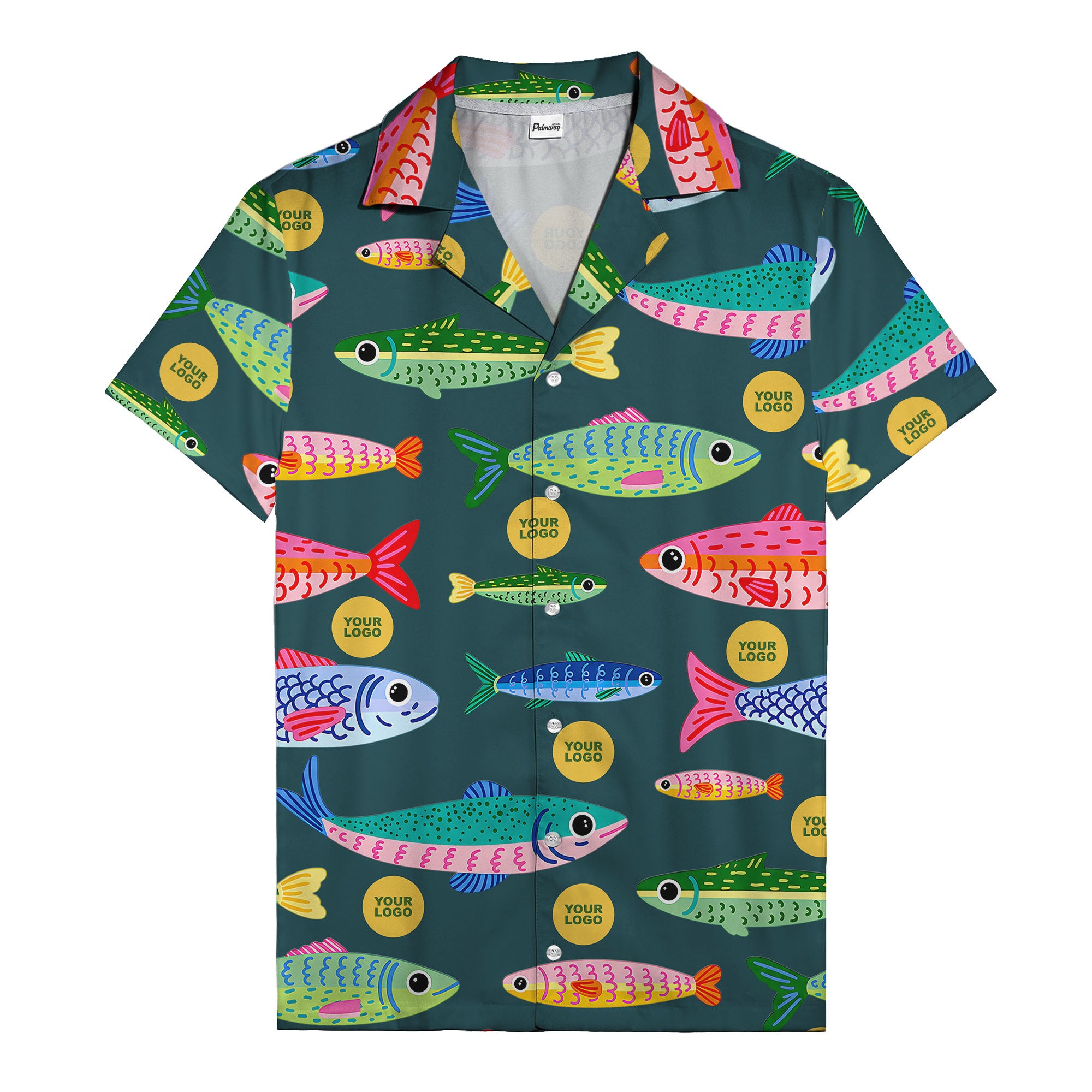 colorful cartoon fish & gold circle logo hawaiian shirt for men