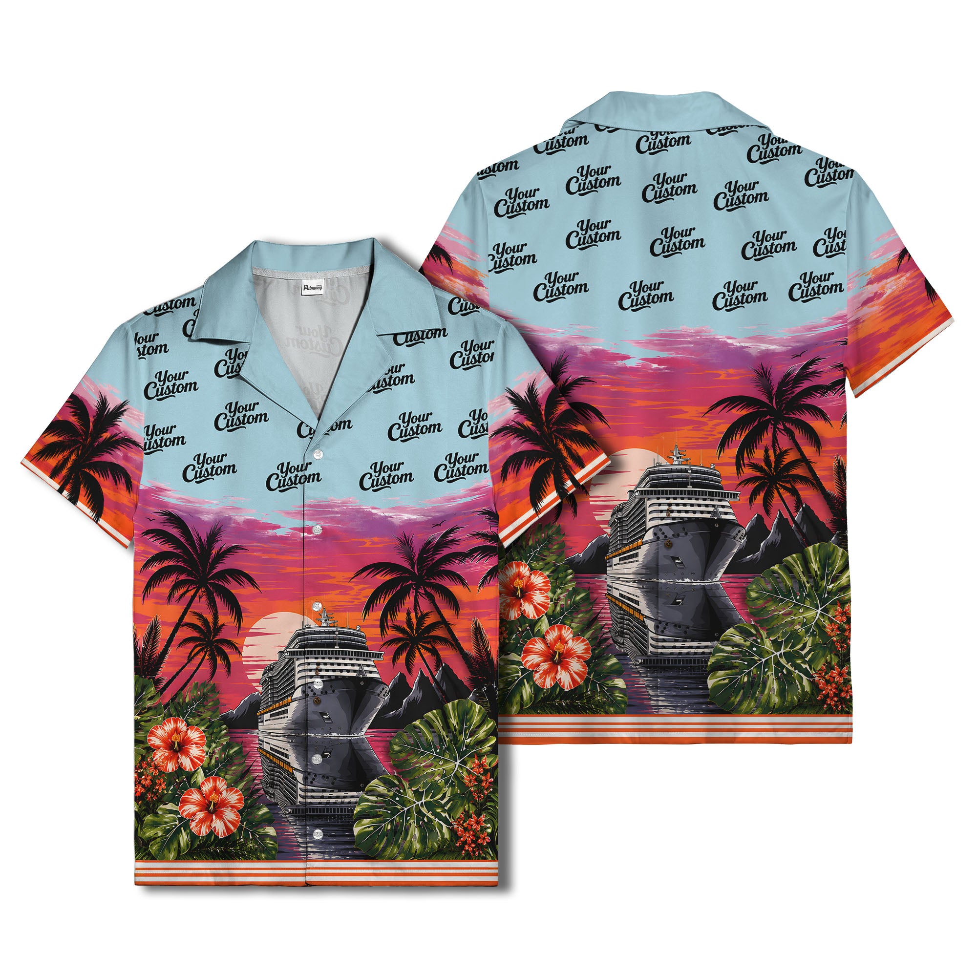 cruise ship sunset palm trees hibiscus flowers hawaiian shirt for men
