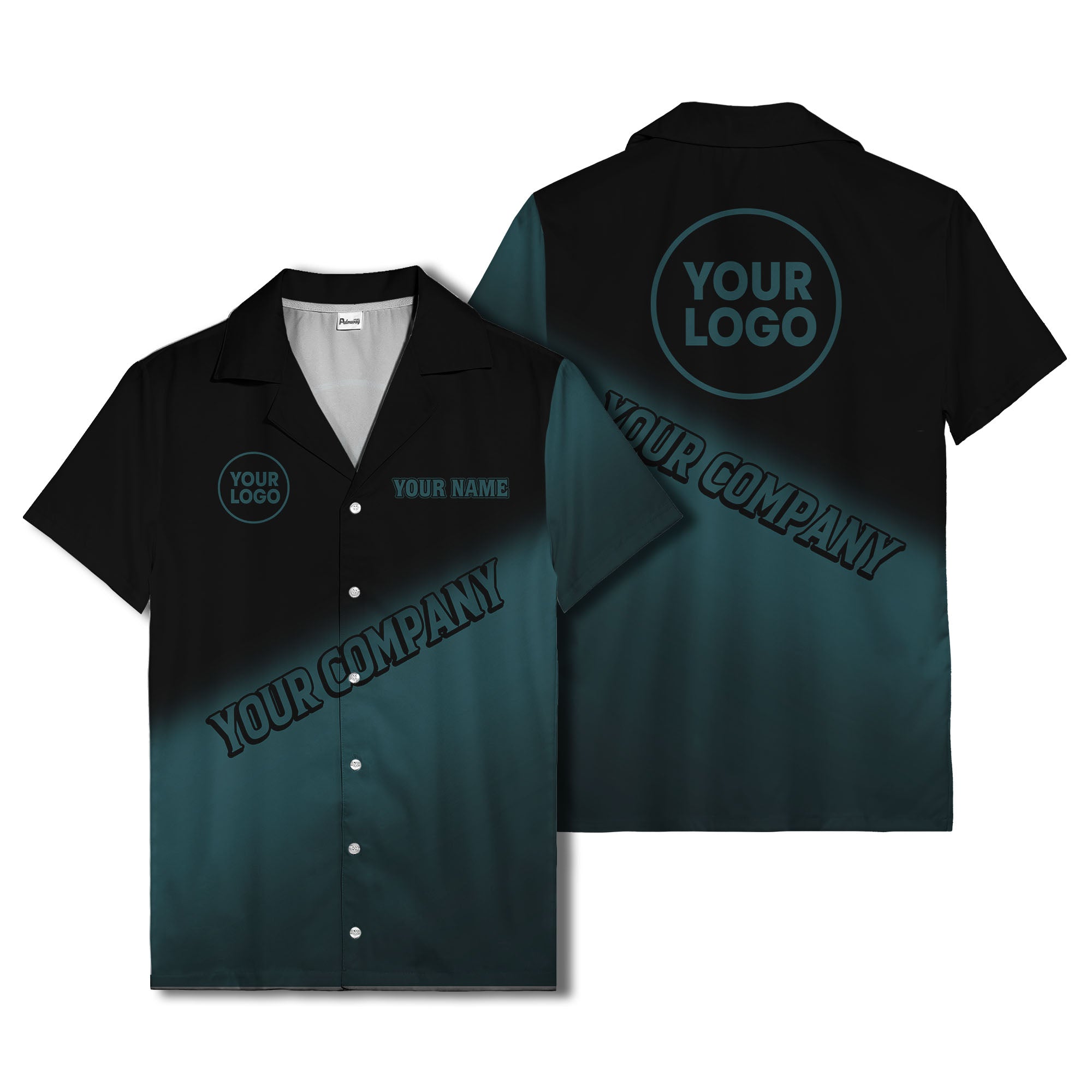 custom logo gradient black white corporate hawaiian shirt