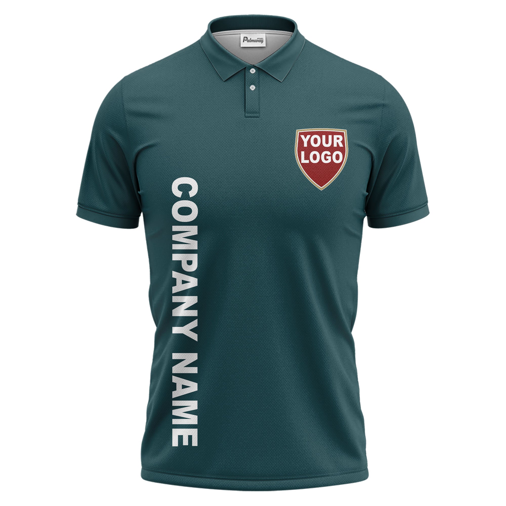 custom shield logo vertical text corporate branded polo shirt