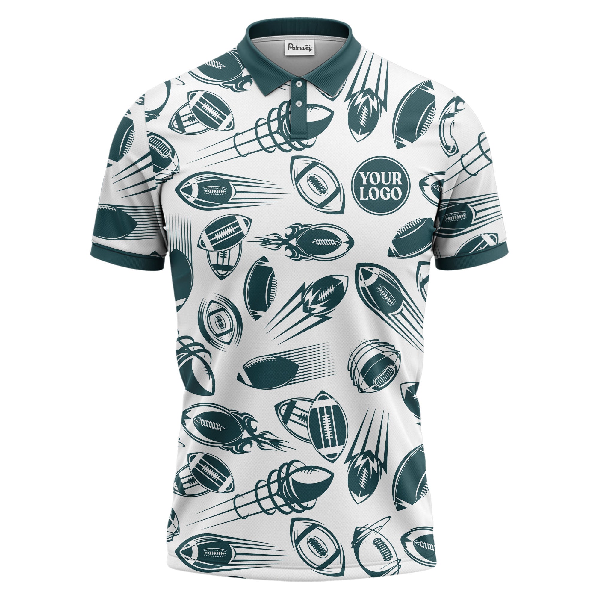 dynamic footballs & speed lines graphic black white sports polo shirt