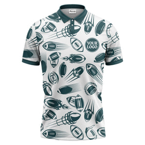 dynamic footballs & speed lines graphic black white sports polo shirt