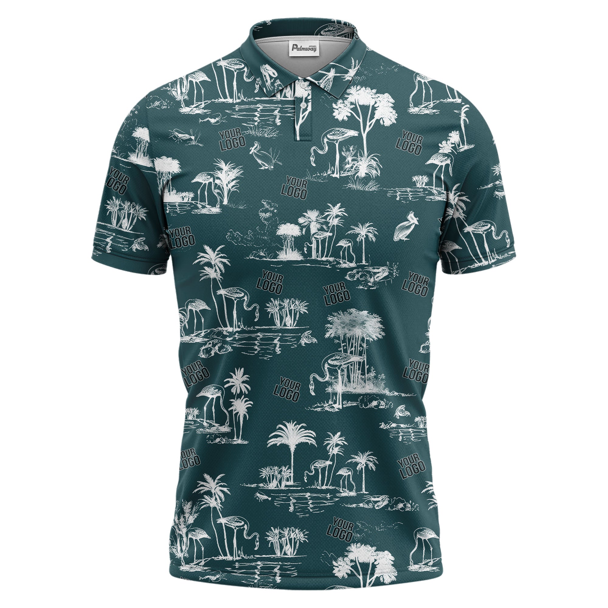 flamingo oasis palm trees sketch pattern black white polo shirt for men