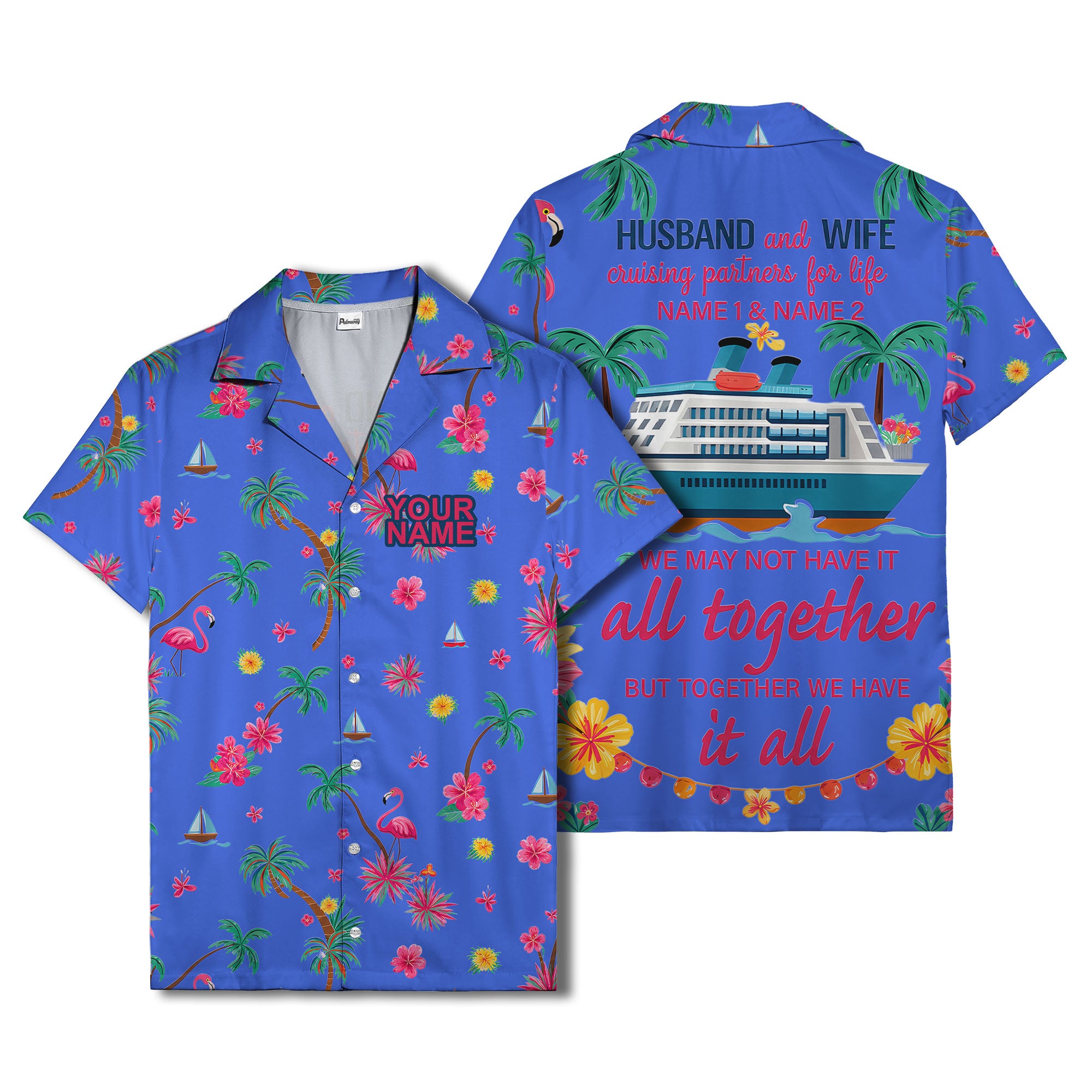 flamingo sailboat hibiscus palm watercolor hawaiian shirt