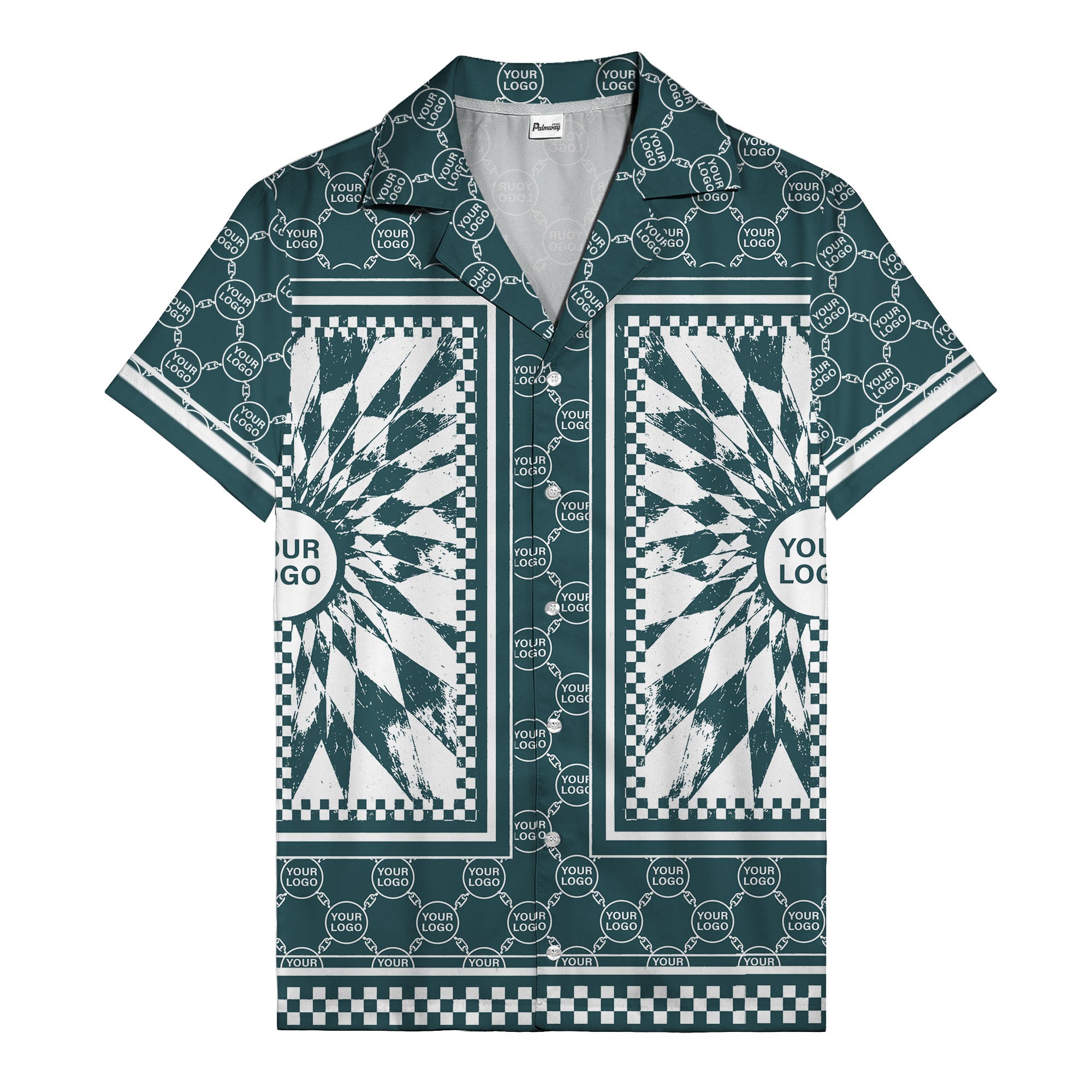 geometric palm leaves checkerboard border hawaiian shirt for men
