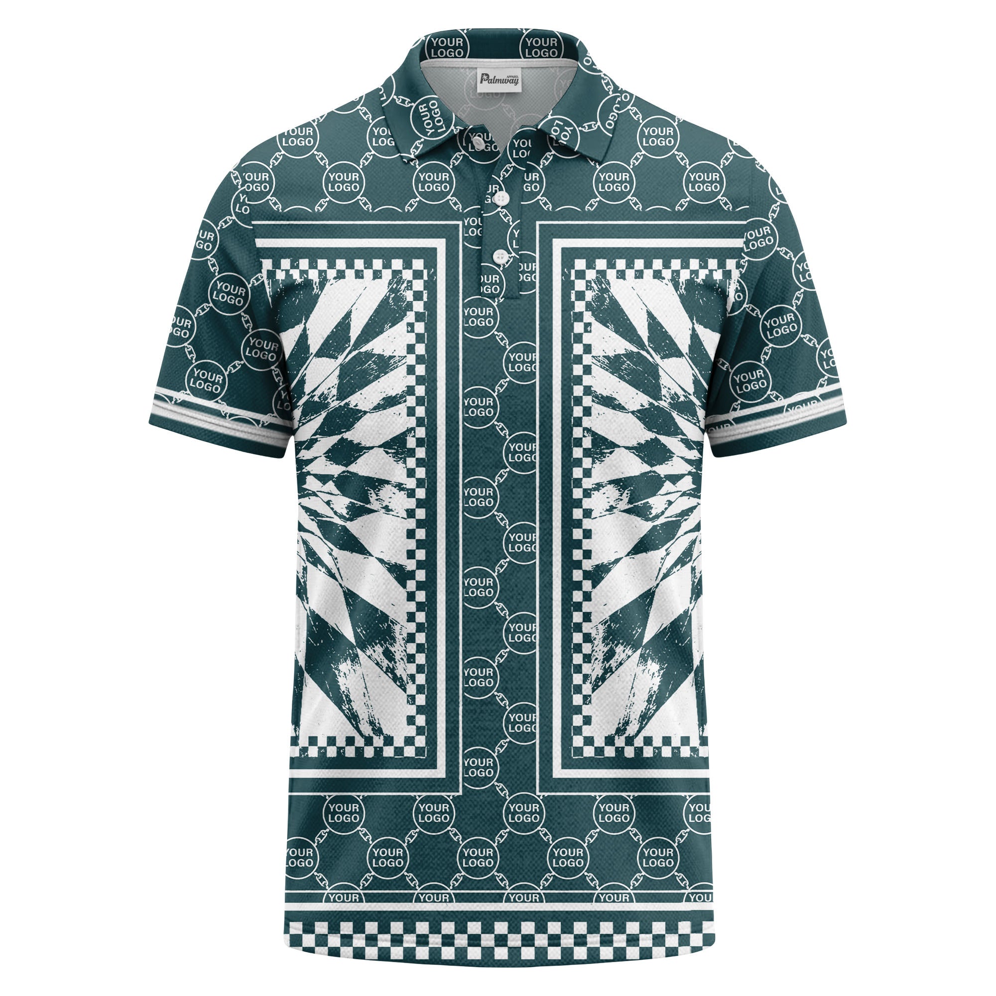 geometric palm leaves checkerboard border polo shirt