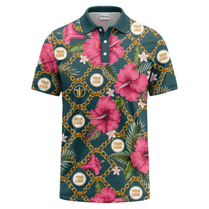 gold chain & pink hibiscus luxury illustrated polo shirt for men