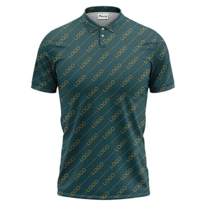gold custom logo repeat pattern on black luxury minimalist polo shirt