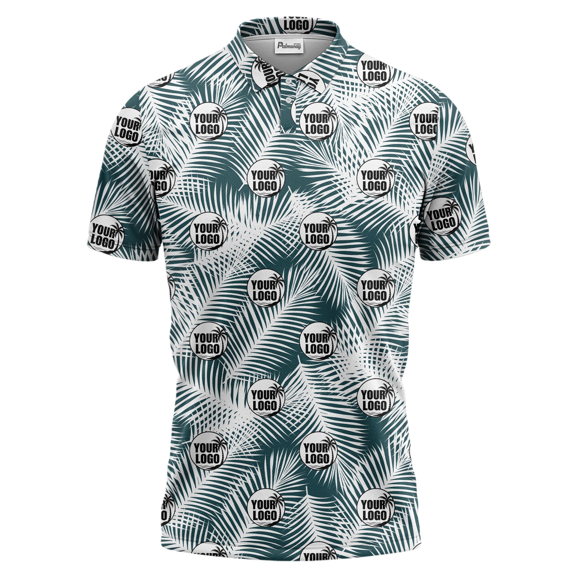 illustrated palm leaf logo repeating tropical polo shirt for men