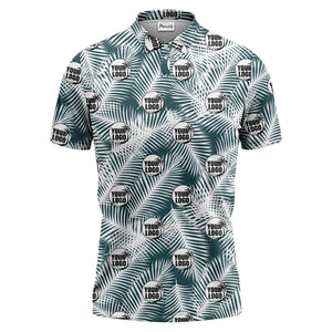 illustrated palm leaf logo repeating tropical polo shirt for men