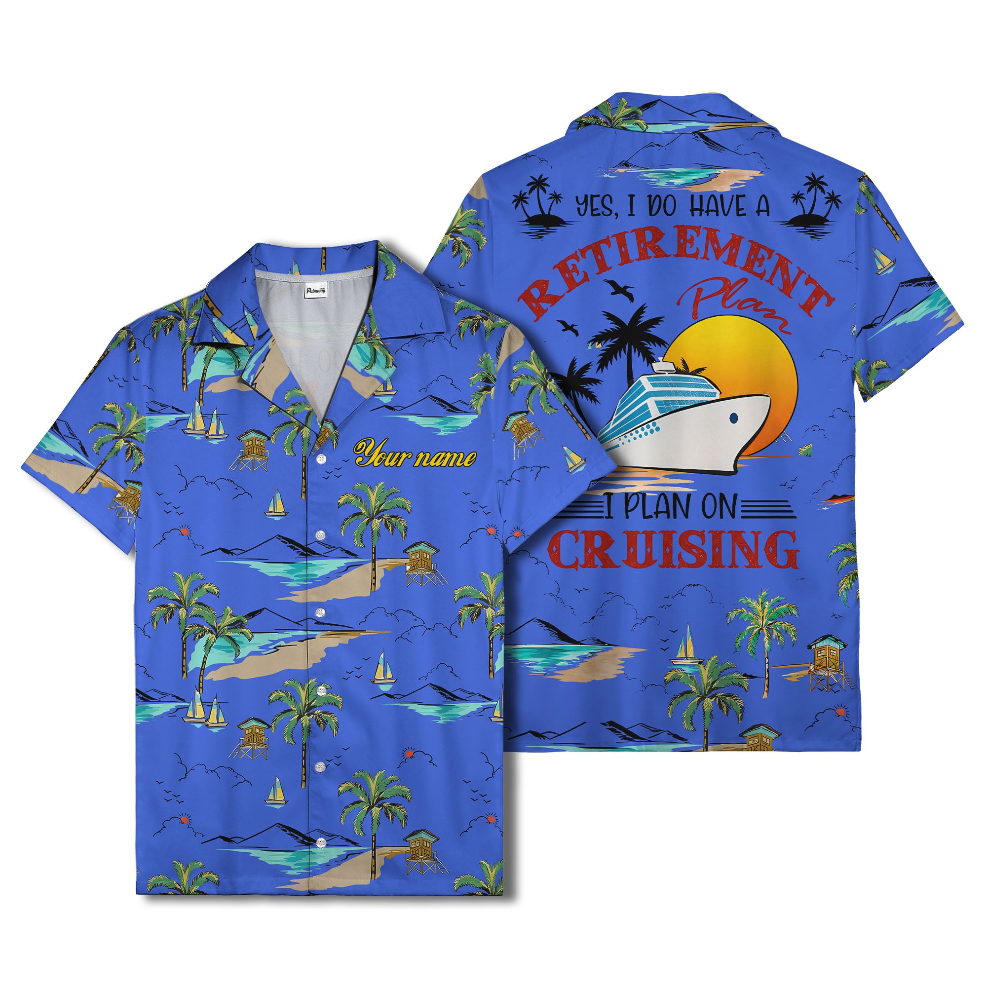 island paradise palm trees & sailboats sunset hawaiian shirt