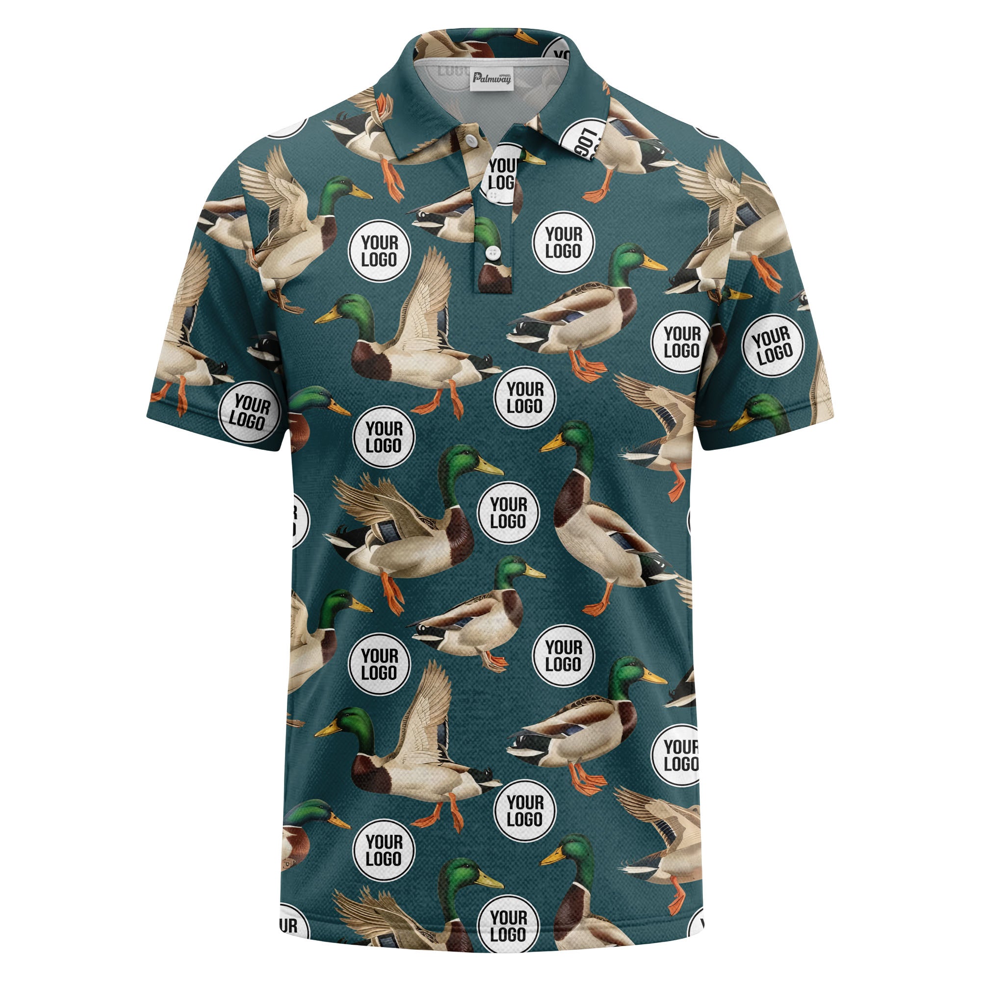 mallard duck flock & custom logo repeat photorealistic polo shirt