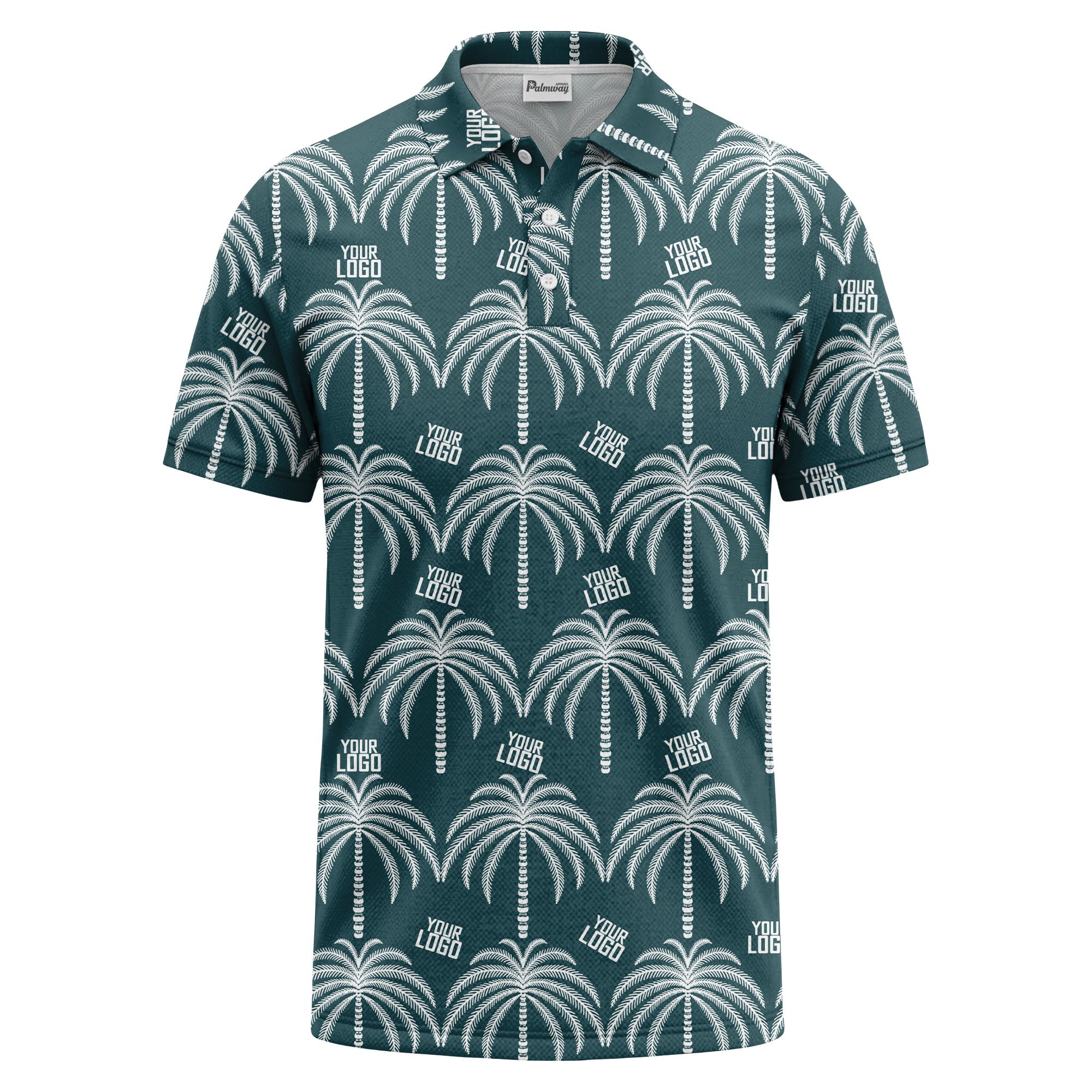 monochrome palm tree logo repeat hawaiian graphic polo shirt
