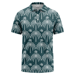 monochrome palm tree logo repeat hawaiian graphic polo shirt