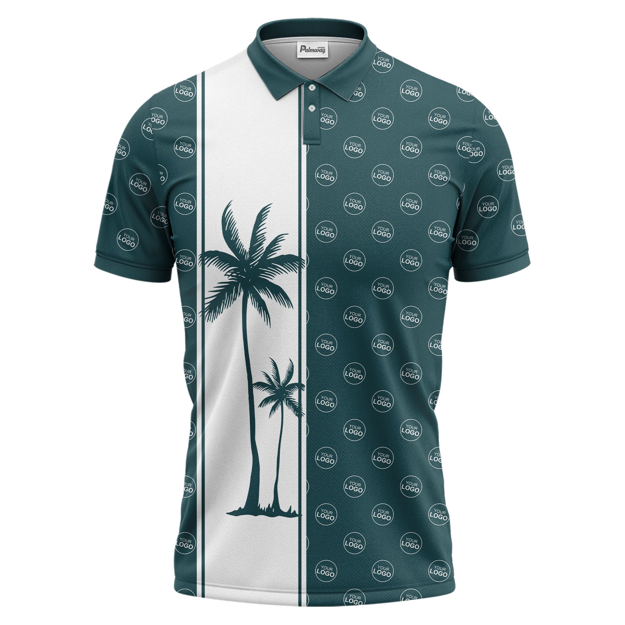 monochrome palm tree silhouette & logo repeat polo shirt