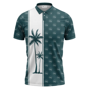 monochrome palm tree silhouette & logo repeat polo shirt