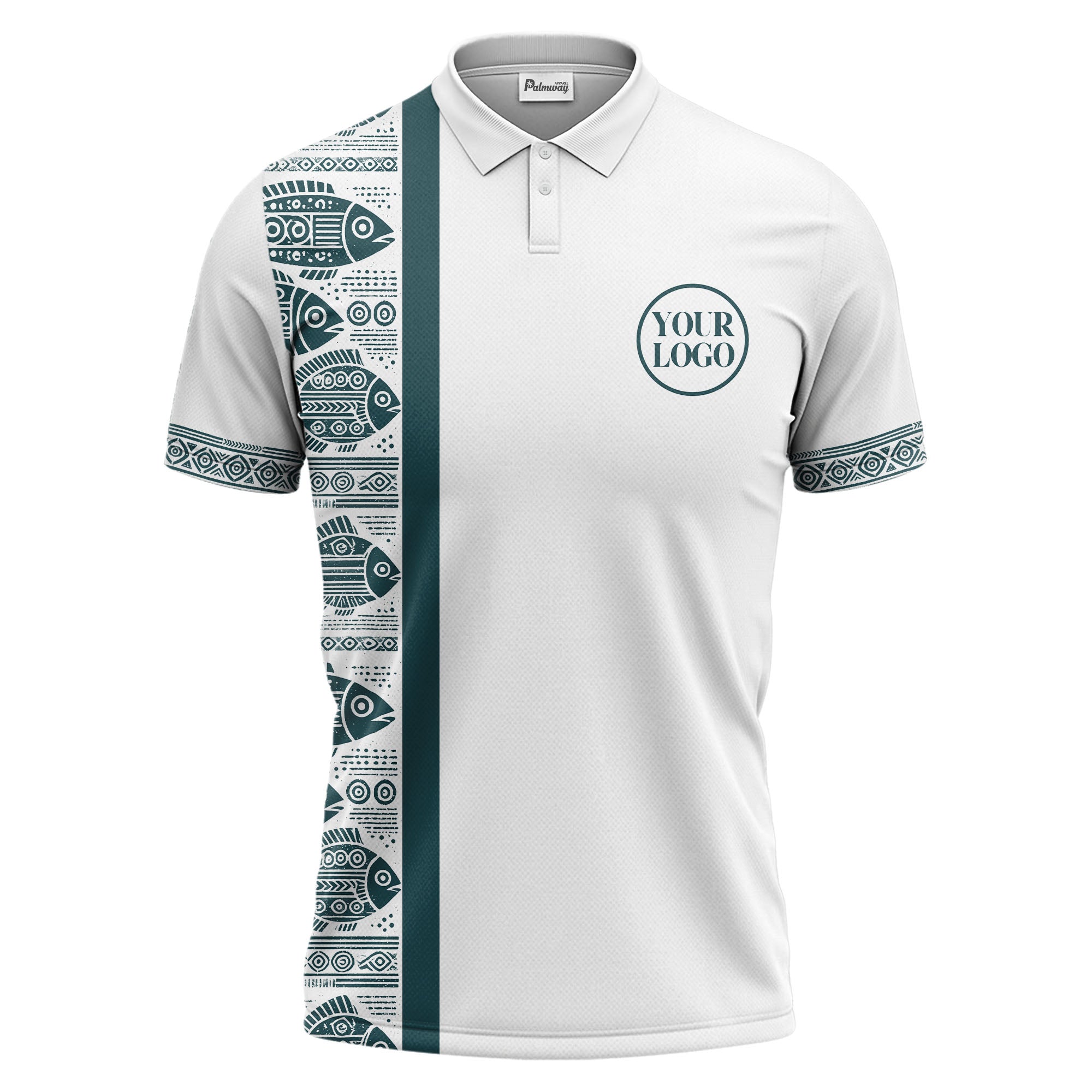 monochrome tribal fish & geometric borders patterned polo shirt for men