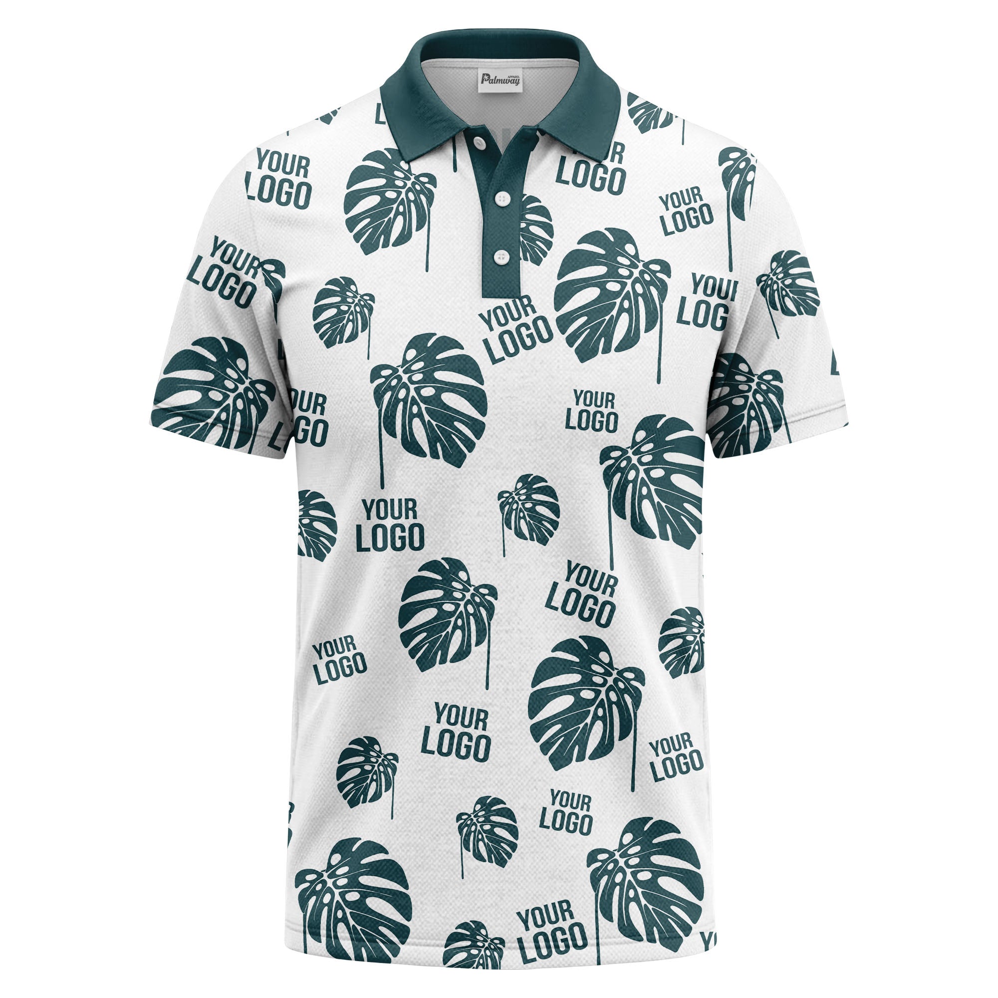 monstera leaves & custom logo repeat black white hawaiian polo shirt