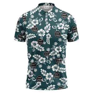 navy blue watercolor hibiscus & custom logo repeat pattern polo shirt