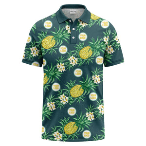 pineapple plumeria repeat pattern black polo shirt for men