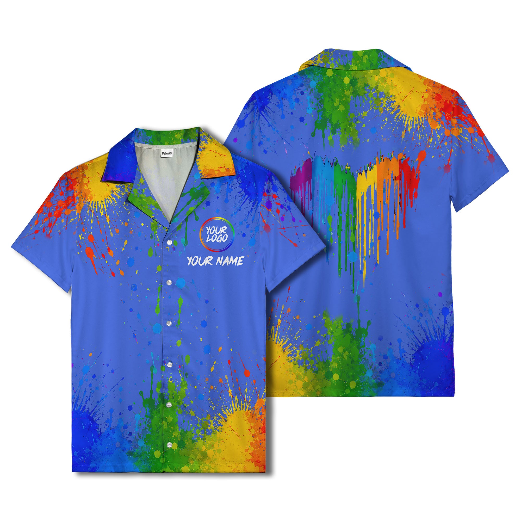 rainbow paint splatter abstract art hawaiian shirt with customizable name