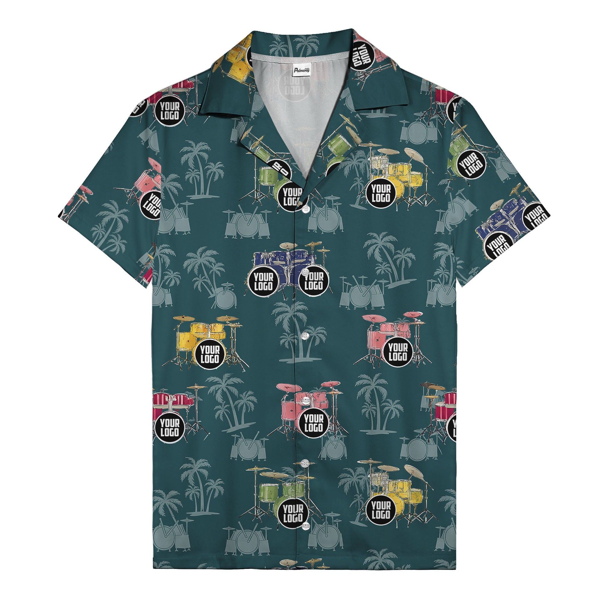 rockin' drum kits & palm trees repeat hawaiian shirt for musicians