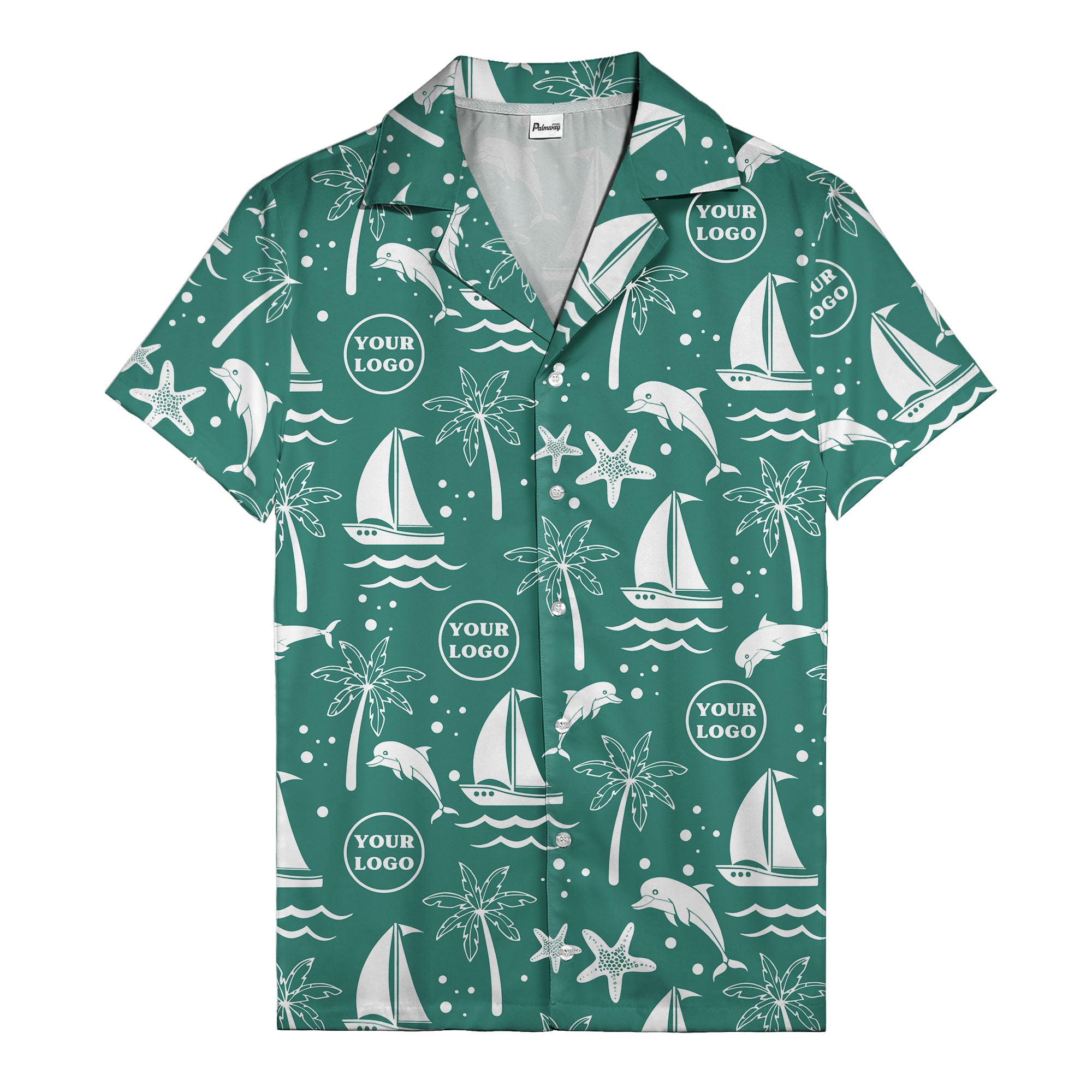 sailboats dolphins palm trees starfish repeat pattern black white hawaiian shirt