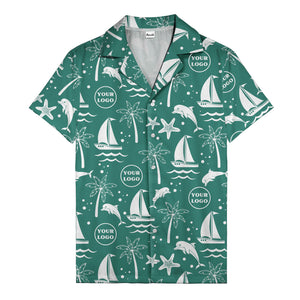 sailboats dolphins palm trees starfish repeat pattern black white hawaiian shirt