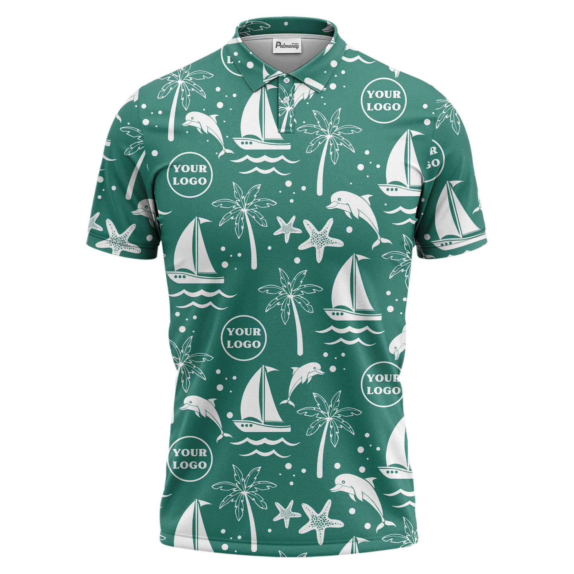sailboats dolphins palm trees starfish repeat pattern black white polo shirt