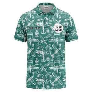 vintage airplane blueprint sketches propeller wings polo shirt for men