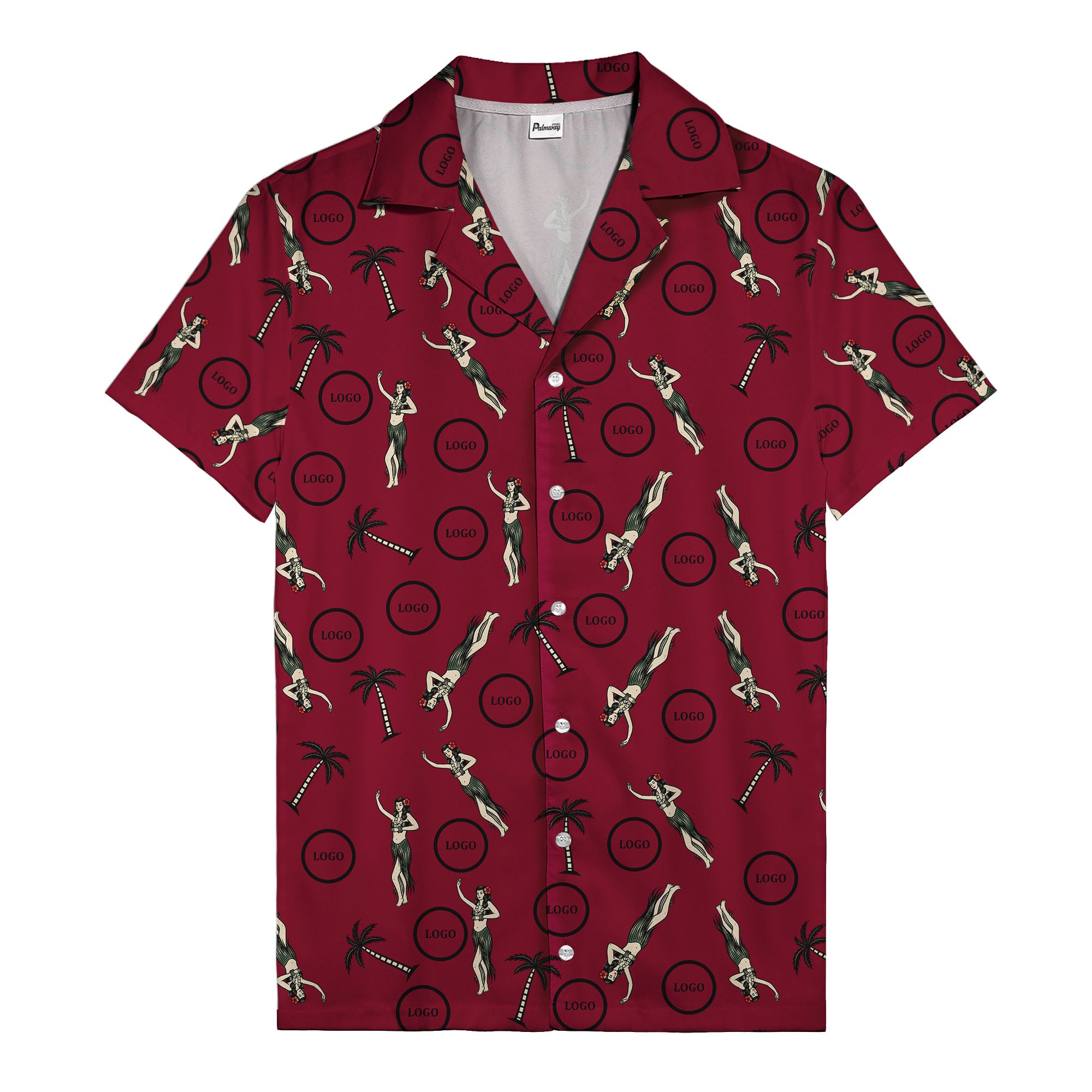 vintage hula dancers palm trees circular logo black hawaiian shirt for men