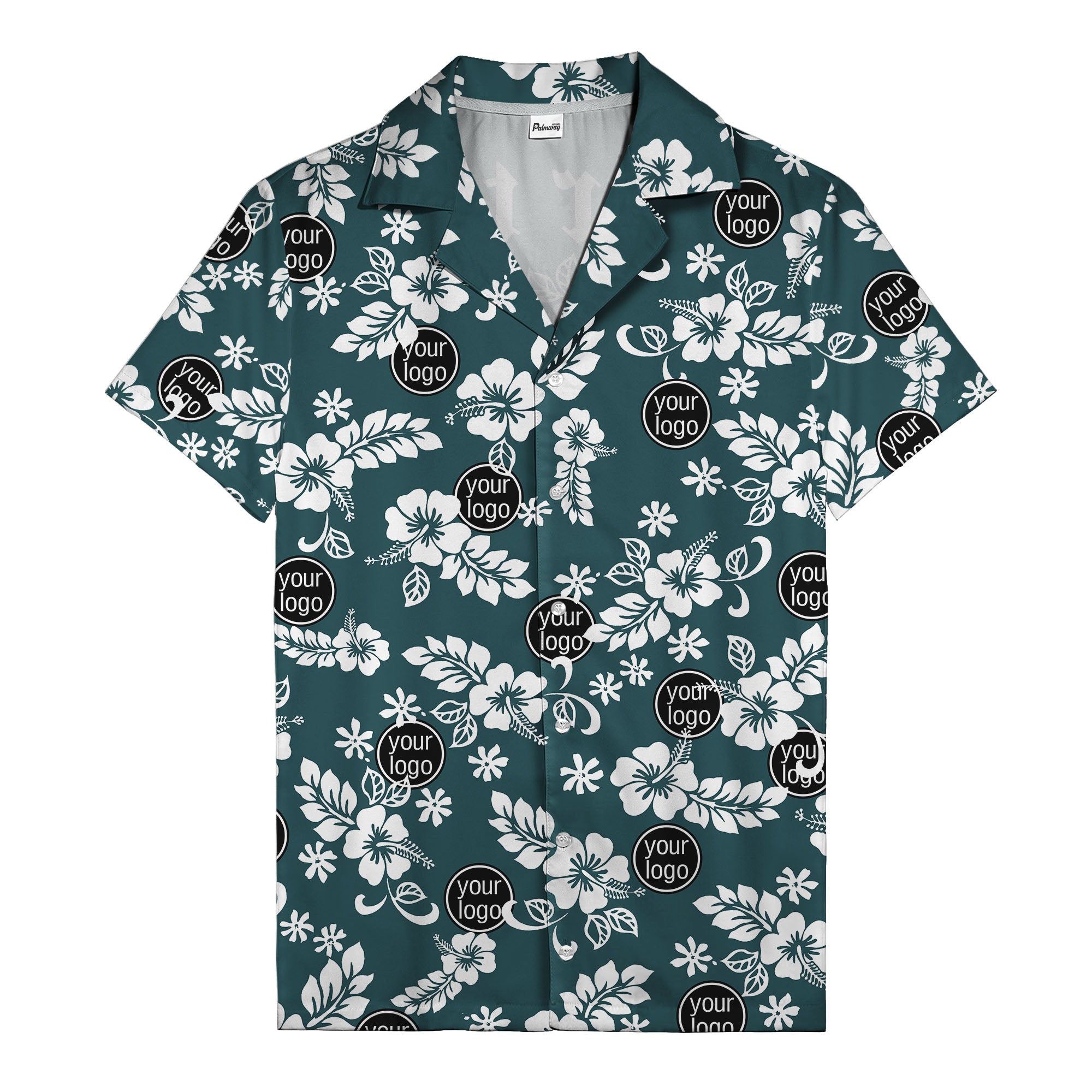watercolor hibiscus blooms & custom logo navy blue hawaiian shirt